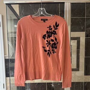 Banana Republic Coral Crewneck Sweater with Black Floral Appliqué
